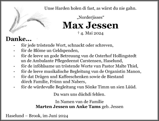 Traueranzeige von Max Jessen von Husumer Nachrichten, Nordfriesland Tageblatt