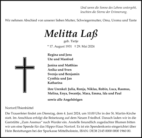 Traueranzeige von Melitta Laß von Schleswig-Holsteinische Landeszeitung