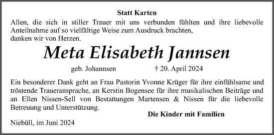 Traueranzeige von Meta Elisabeth Jannsen von Husumer Nachrichten, Nordfriesland Tageblatt
