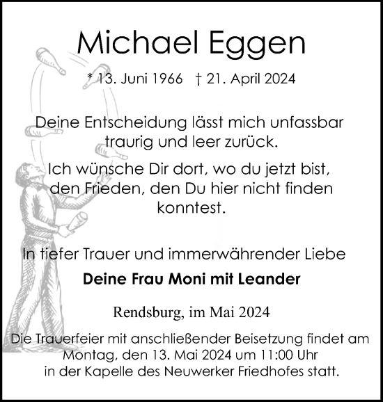 Traueranzeige von Michael Eggen von Schleswig-Holsteinische Landeszeitung