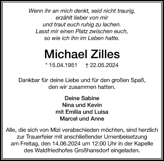 Traueranzeige von Michael Zilles von Stormaner Tageblatt