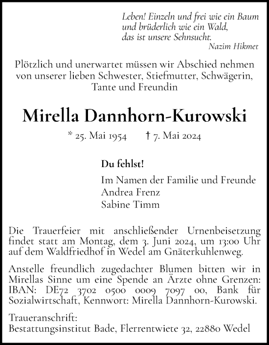 Traueranzeige von Mirella Dannhorn-Kurowski von Wedel-Schulauer Tageblatt, tip Wedel-Schulauer Tageblatt, tip Rissener Rundschau