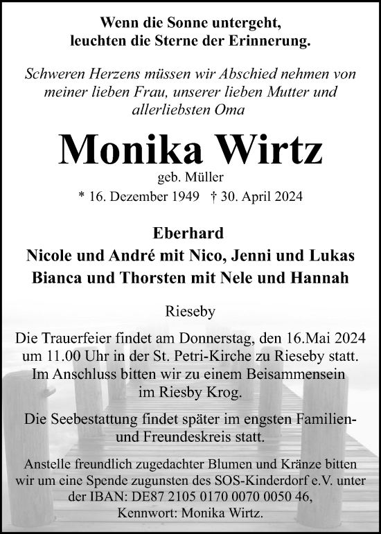 Traueranzeige von Monika Wirtz von Eckernförder Zeitung, Hallo Eckernförde