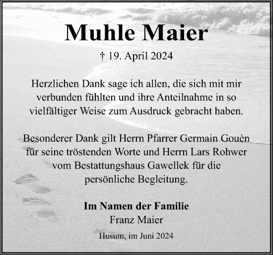 Traueranzeige von Muhle Maier von Husumer Nachrichten, Nordfriesland Tageblatt