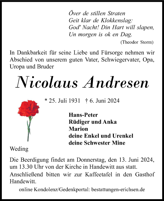 Traueranzeige von Nicolaus Andresen von Flensburger Tageblatt
