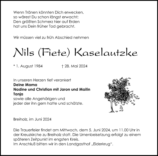 Traueranzeige von Nils  Kaselautzke von Schleswig-Holsteinische Landeszeitung