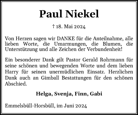 Traueranzeige von Paul Niekel von Region Westküste