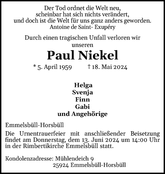 Traueranzeige von Paul Niekel von Region Westküste