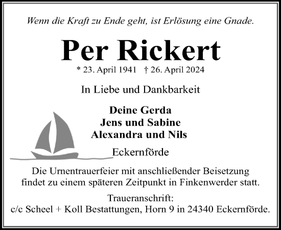 Traueranzeige von Per Rickert von Eckernförder Zeitung, Hallo Eckernförde