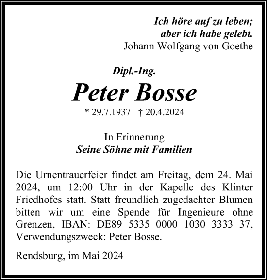 Traueranzeige von Peter Bosse von Schleswig-Holsteinische Landeszeitung