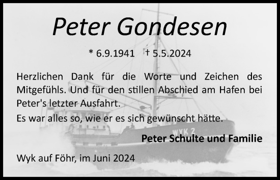 Traueranzeige von Peter Gondesen von Der Insel-Bote