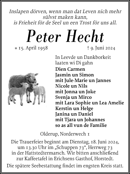 Traueranzeige von Peter Hecht von Husumer Nachrichten, Nordfriesland Tageblatt