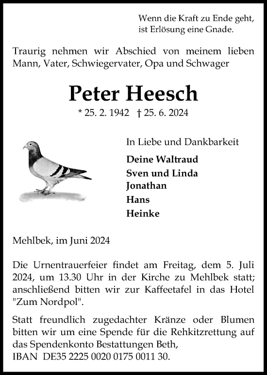 Traueranzeige von Peter Heesch von Norddeutsche Rundschau, Wilstersche Zeitung, Glückstädter Fortuna