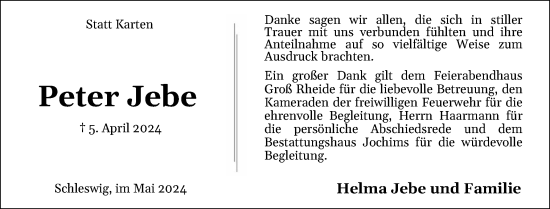 Traueranzeige von Peter Jebe von Schleswiger Nachrichten, Schlei-Bote