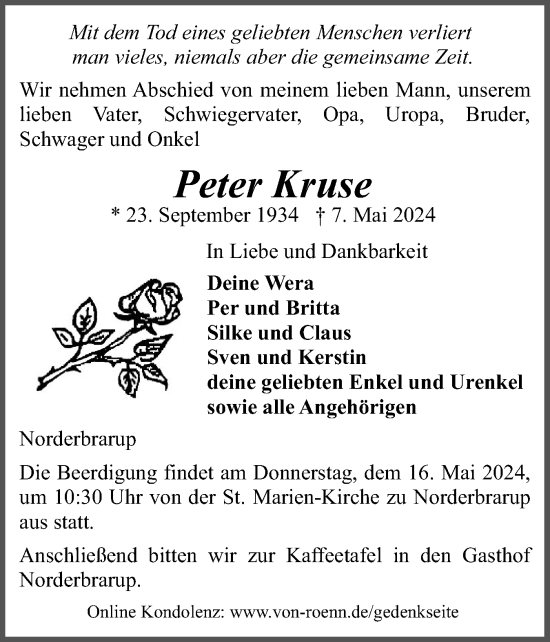 Traueranzeige von Peter Kruse von Schleswiger Nachrichten, Schlei-Bote