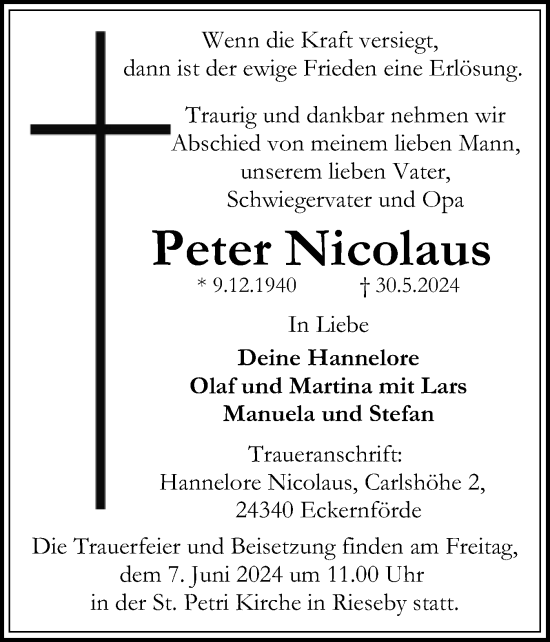Traueranzeige von Peter Nicolaus von Eckernförder Zeitung, Hallo Eckernförde