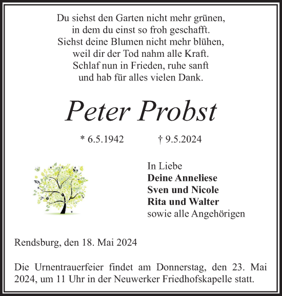 Traueranzeige von Peter Probst von Schleswig-Holsteinische Landeszeitung