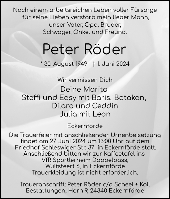 Traueranzeige von Peter Röder von Eckernförder Zeitung, Hallo Eckernförde