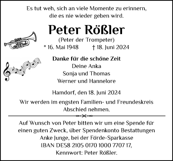 Traueranzeige von Peter Rößler von Schleswig-Holsteinische Landeszeitung