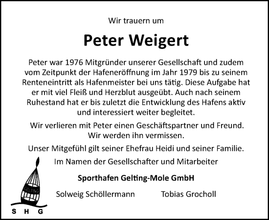 Traueranzeige von Peter Weigert von Flensburger Tageblatt, Schleswiger Nachrichten, Schlei-Bote