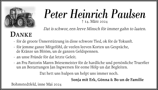 Traueranzeige von Peter Heinrich Paulsen von Husumer Nachrichten, Nordfriesland Tageblatt