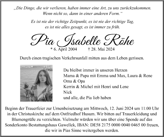 Traueranzeige von Pia Isabelle Röhe von Husumer Nachrichten, Nordfriesland Tageblatt