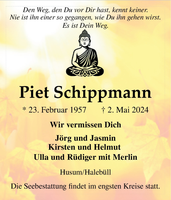 Traueranzeige von Piet Schippmann von Husumer Nachrichten, Nordfriesland Tageblatt