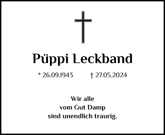 Traueranzeige von Püppi Leckband von Eckernförder Zeitung, Hallo Eckernförde