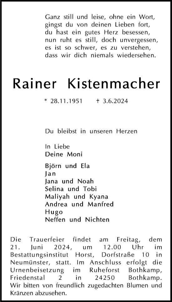 Traueranzeige von Rainer Kistenmacher von Holsteinischer Courier