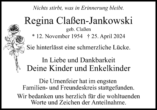 Traueranzeige von Regina Claßen-Jankowski von Uetersener Nachrichten, Der tip am Wochenende