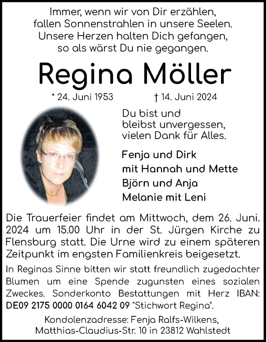 Traueranzeige von Regina Möller von Flensburger Tageblatt
