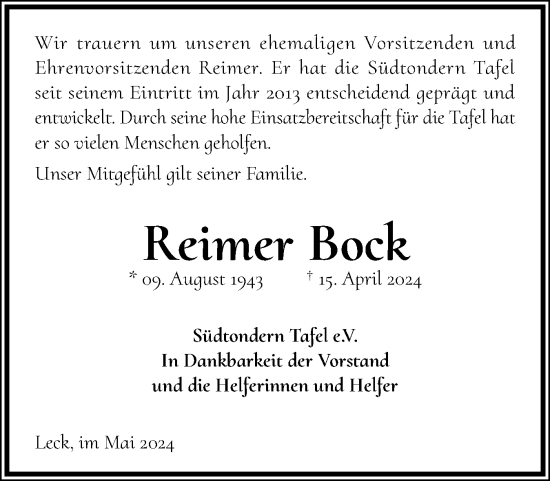 Traueranzeige von Reimer Bock von Husumer Nachrichten, Nordfriesland Tageblatt