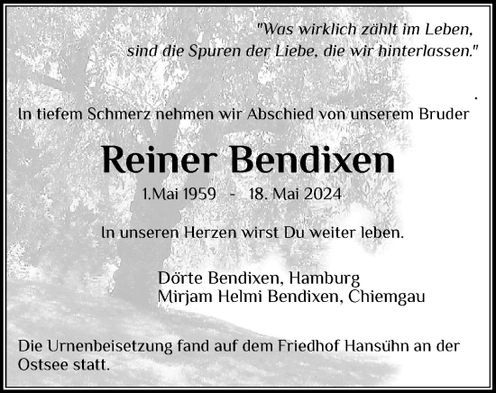 Traueranzeige von Reiner Bendixen von Region Steinburg-Elmshorn