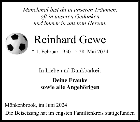 Traueranzeige von Reinhard Gewe von Stormaner Tageblatt