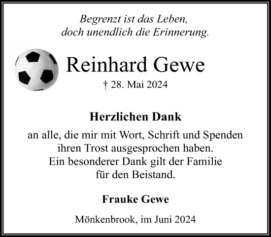 Traueranzeige von Reinhard Gewe von Stormaner Tageblatt