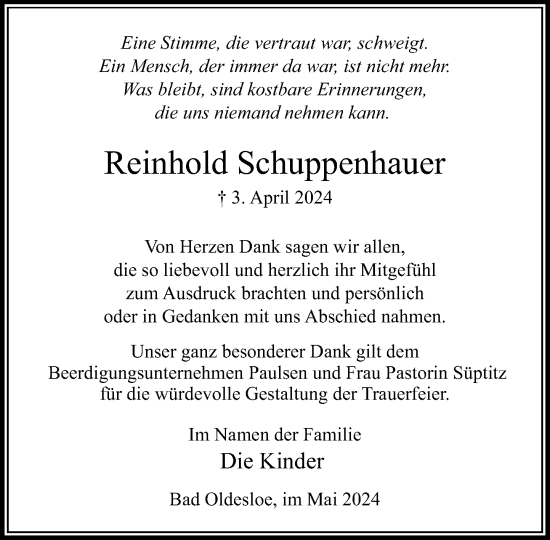 Traueranzeige von Reinhold Schuppenhauer von Stormaner Tageblatt