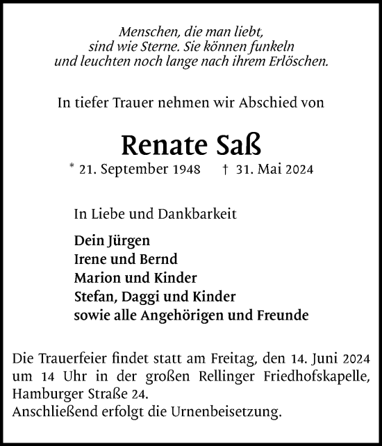 Traueranzeige von Renate Saß von Region Pinneberg und tip Pinneberg