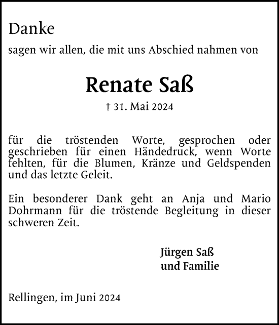 Traueranzeige von Renate Saß von Region Pinneberg und tip Pinneberg