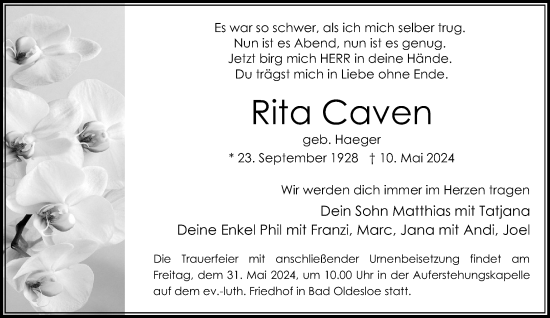 Traueranzeige von Rita Caven von Stormaner Tageblatt