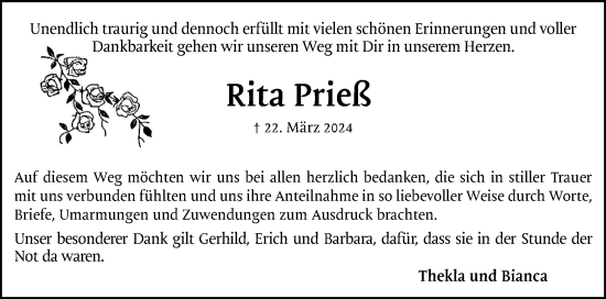 Traueranzeige von Rita Prieß von Uetersener Nachrichten, Der tip am Wochenende