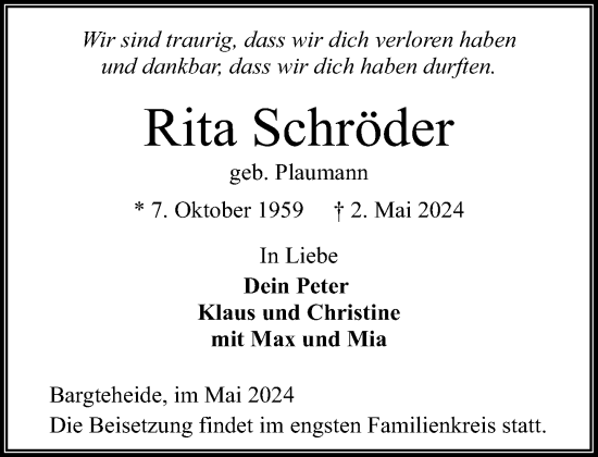 Traueranzeige von Rita Schröder von Stormaner Tageblatt