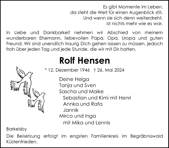 Traueranzeige von Rolf Hensen von Eckernförder Zeitung, Hallo Eckernförde