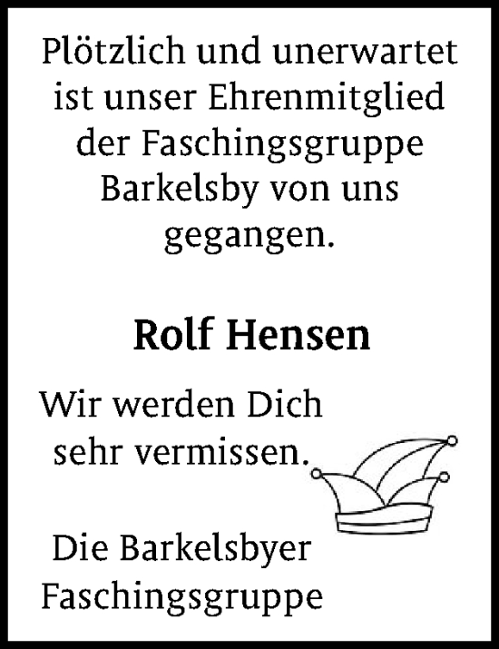 Traueranzeige von Rolf Hensen von Eckernförder Zeitung, Hallo Eckernförde