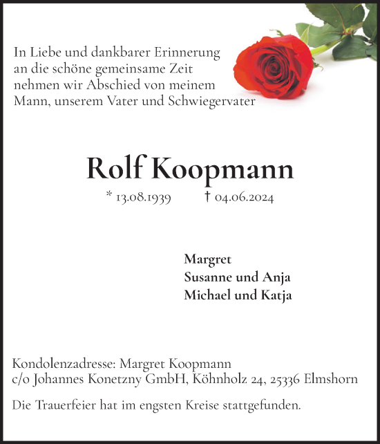 Traueranzeige von Rolf Koopmann von Elmshorner Nachrichten, Barmstedter Zeitung