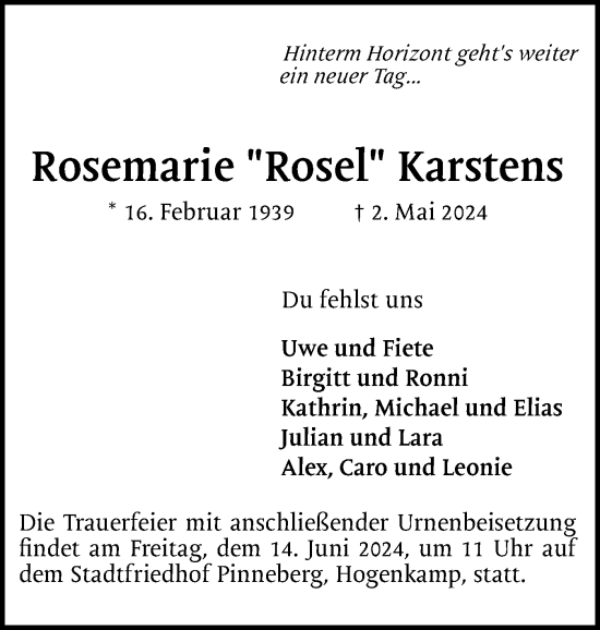 Traueranzeige von Rosemarie Karstens von Region Pinneberg und tip Pinneberg