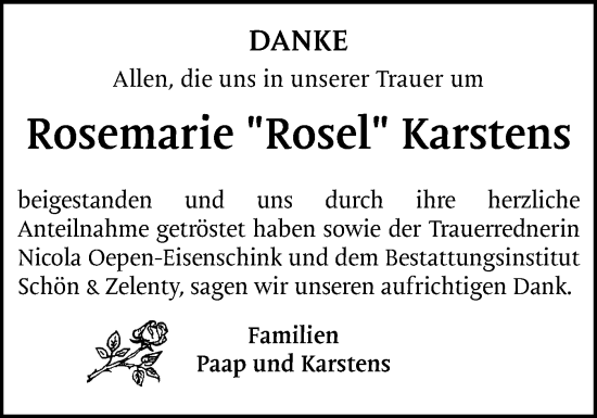 Traueranzeige von Rosemarie Karstens von Region Pinneberg und tip Pinneberg