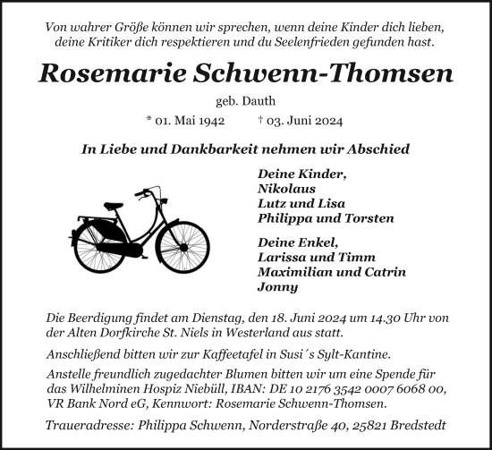 Traueranzeige von Rosemarie Schwenn-Thomsen von Region Westküste