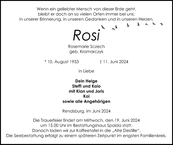Traueranzeige von Rosemarie Sczech von Schleswig-Holsteinische Landeszeitung
