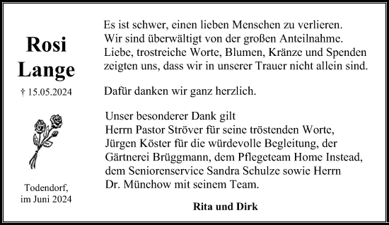 Traueranzeige von Rosi Lange von Stormaner Tageblatt