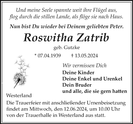 Traueranzeige von Roswitha Zatrib von Sylter Rundschau